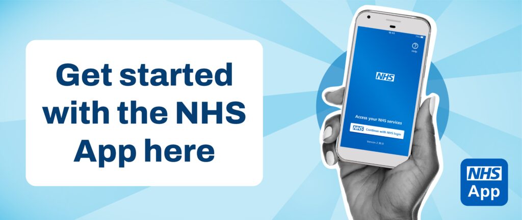 Blue background, NHS app on smartphone, held by a female hand
